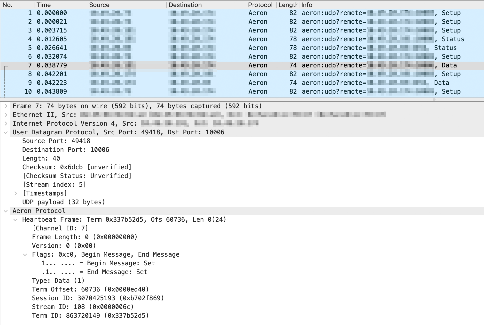 Aeron Wireshark output